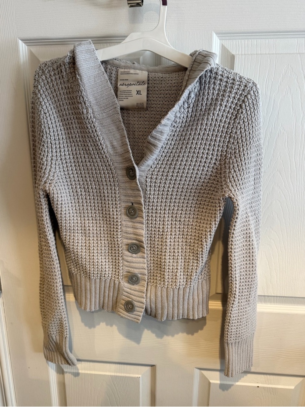 Y2K Aeropostale Waffled Women's Grey Knit Button-Up Cardigan Sweater with Hood